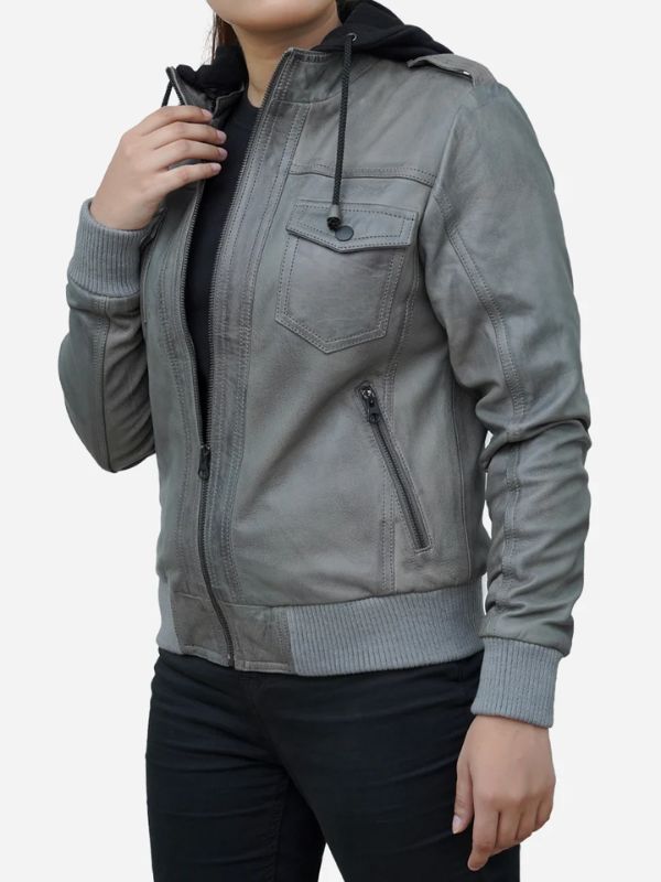 Outerwear Trends Women’s Cloud Grey Real Lambskin Hooded Leather Jacket