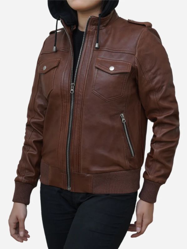 Outerwear Trends Women's Cogniac Brown Leather Hooded Bomber Jacket