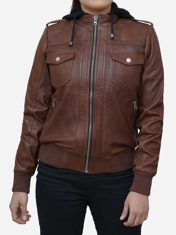 Outerwear Trends Women's Cogniac Brown Leather Hooded Bomber Jacket