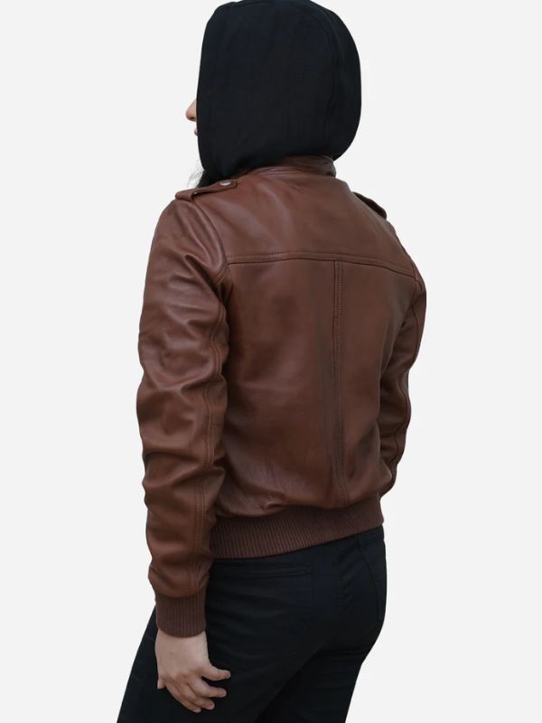 Outerwear Trends Women's Cogniac Brown Leather Hooded Bomber Jacket