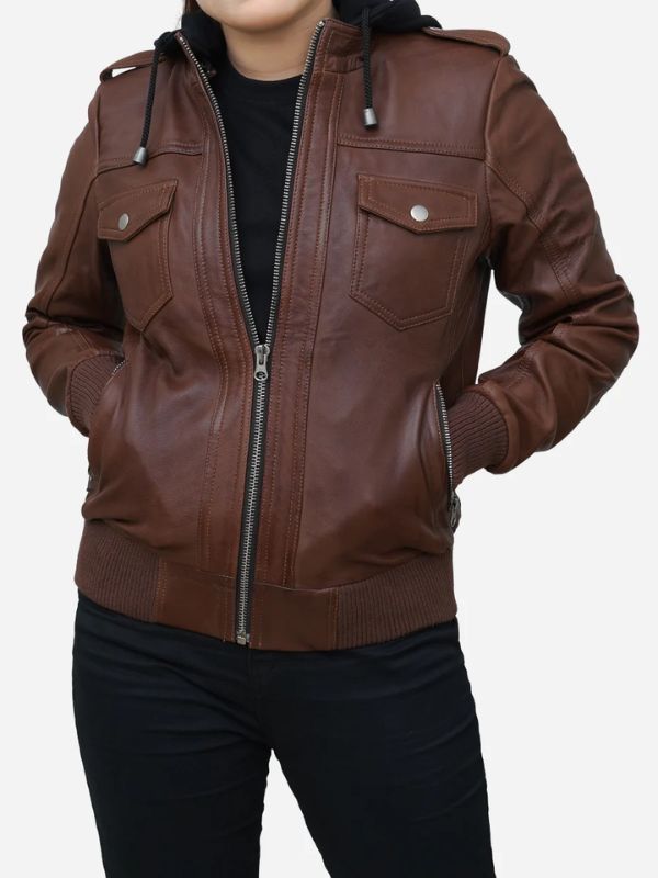 Outerwear Trends Women's Cogniac Brown Leather Hooded Bomber Jacket