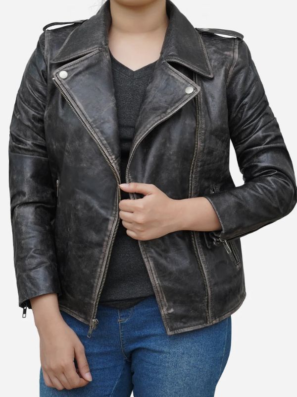 Outerwear Trends Women's Distressed Black Asymmetric Leather Biker Jacket