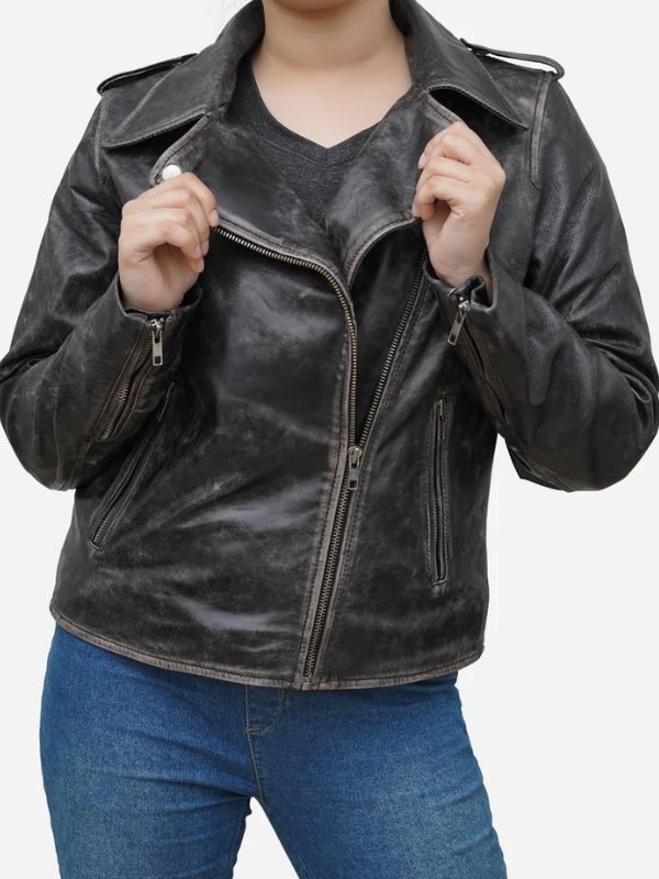 Outerwear Trends Women's Distressed Black Asymmetric Leather Biker Jacket