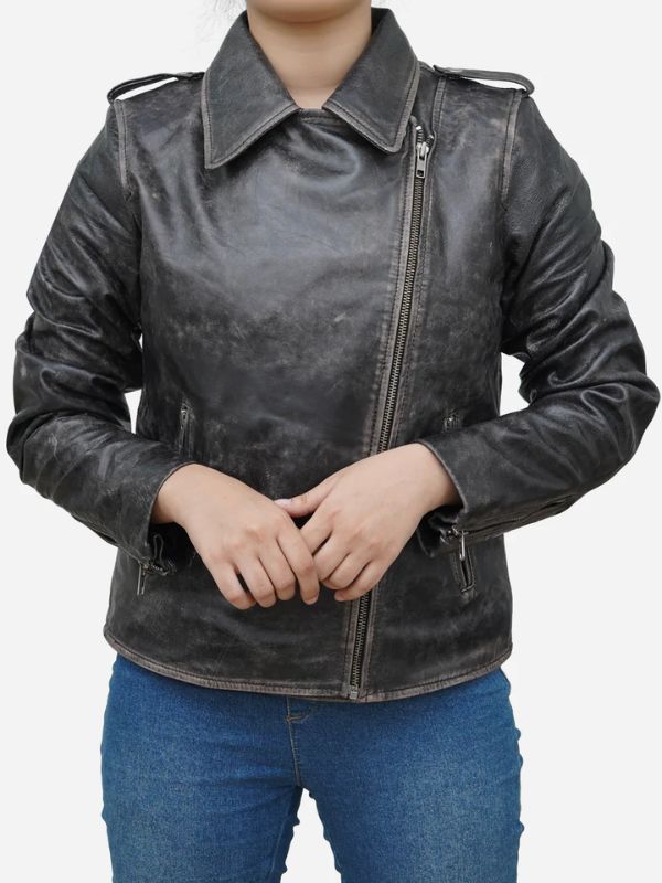 Outerwear Trends Women's Distressed Black Asymmetric Leather Biker Jacket