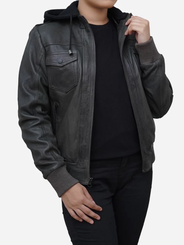 Outerwear Trends Women's Grey Real Lambskin Leather Hoodie Jacket