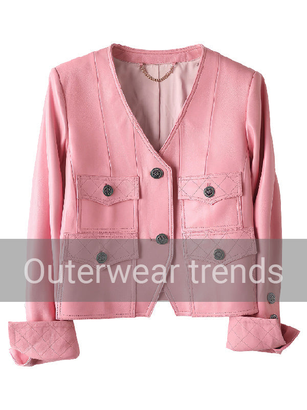 Outerwear Trends Women’s Lady Cropped Pink Leather Jacket