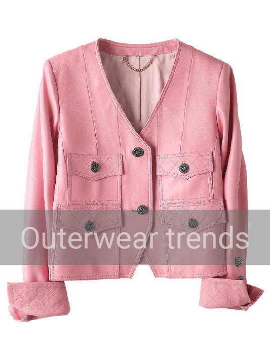 Outerwear Trends Women’s Lady Cropped Pink Leather Jacket