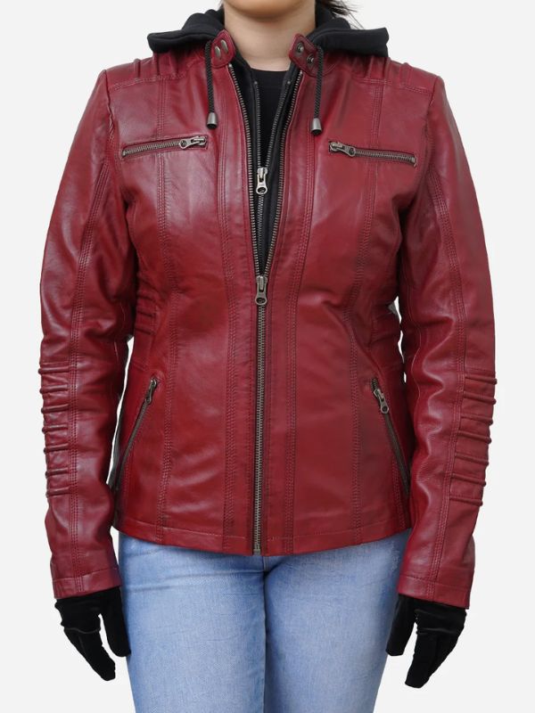Outerwear Trends Women's Red Real Lambskin Hooded Leather Jacket