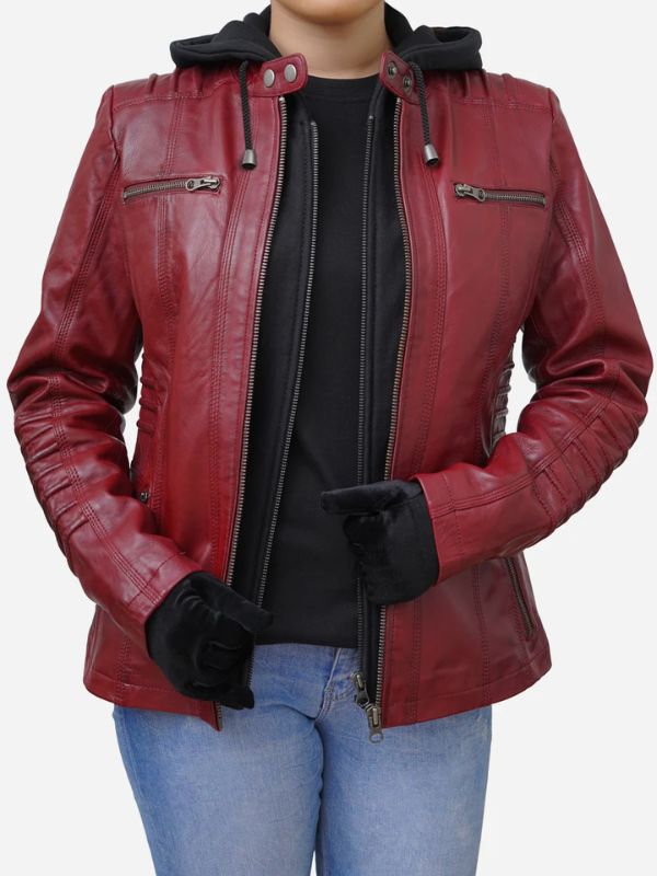 Outerwear Trends Women's Red Real Lambskin Hooded Leather Jacket