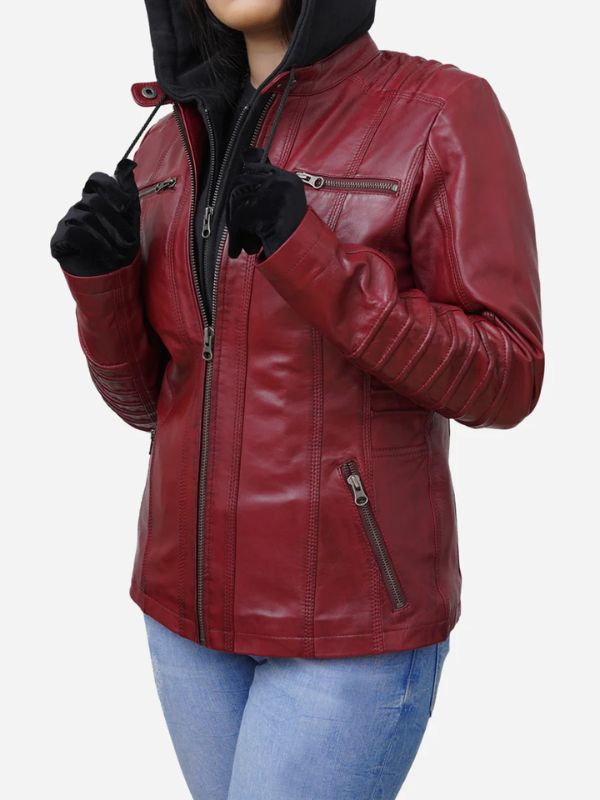 Outerwear Trends Women's Red Real Lambskin Hooded Leather Jacket