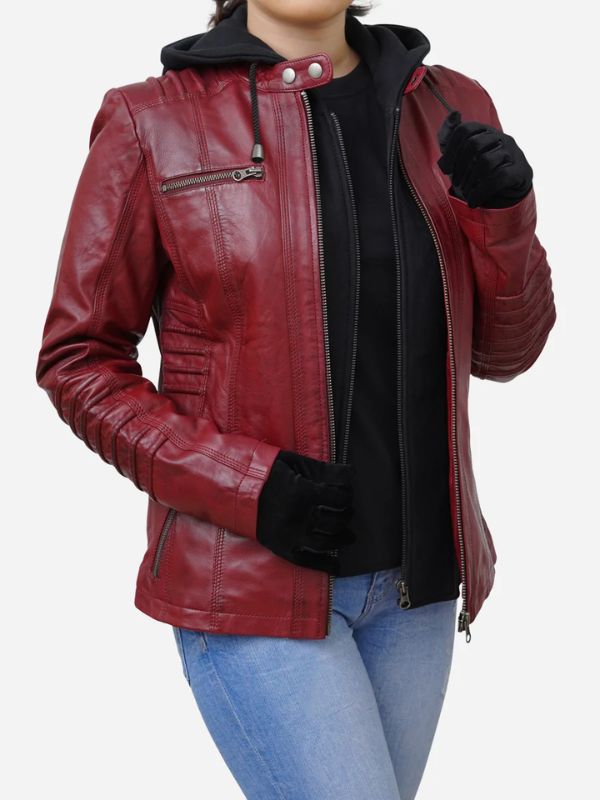 Outerwear Trends Women's Red Real Lambskin Hooded Leather Jacket
