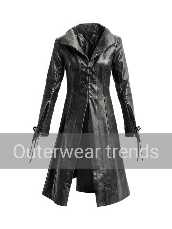Outerwear Trends Womens Black Sheepskin Retro Leather Trench Coat
