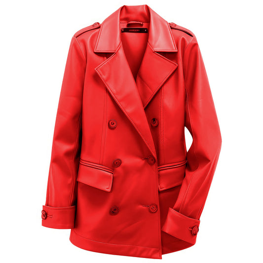 Women’s Genuine Sheepskin Double Breasted Red Peacoat
